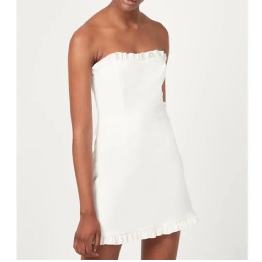 French Connection strapless ruffle mini dress in white, size 4